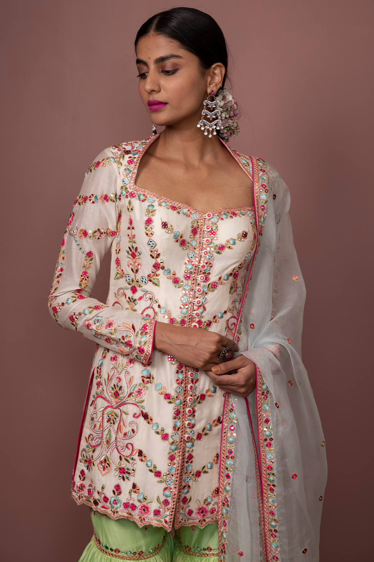 Ivory Full Sleeve Kurta With Green Gharara