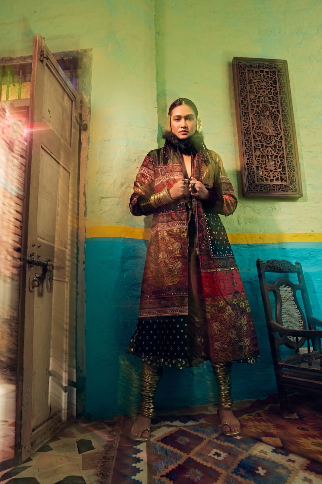 Multi color long jacket with bandhani knot print