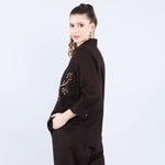Choco Birds on Branch Embroidery Black Linen Shirt