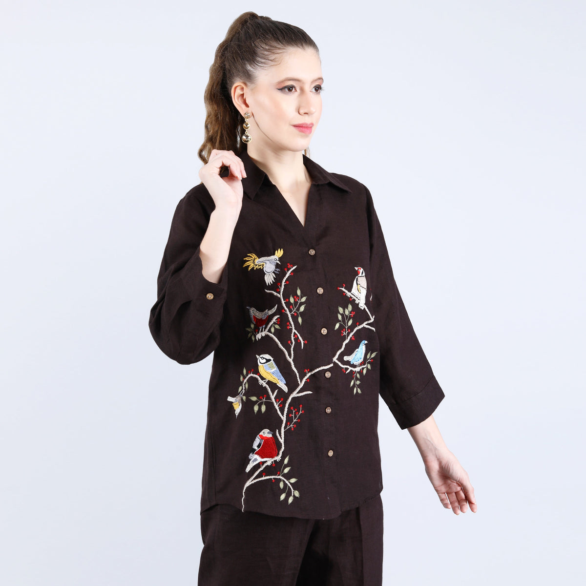Choco Birds on Branch Embroidery Black Linen Shirt