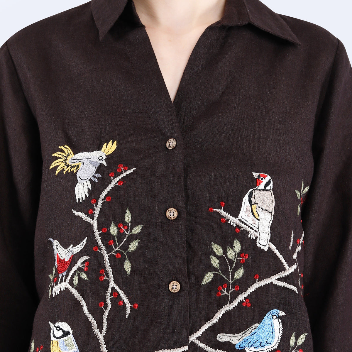 Choco Birds on Branch Embroidery Black Linen Shirt