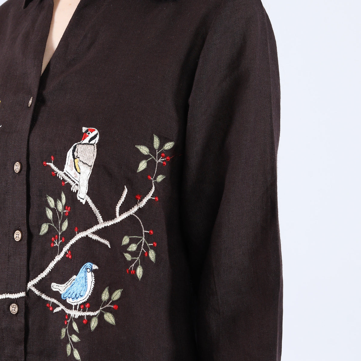Choco Birds on Branch Embroidery Black Linen Shirt