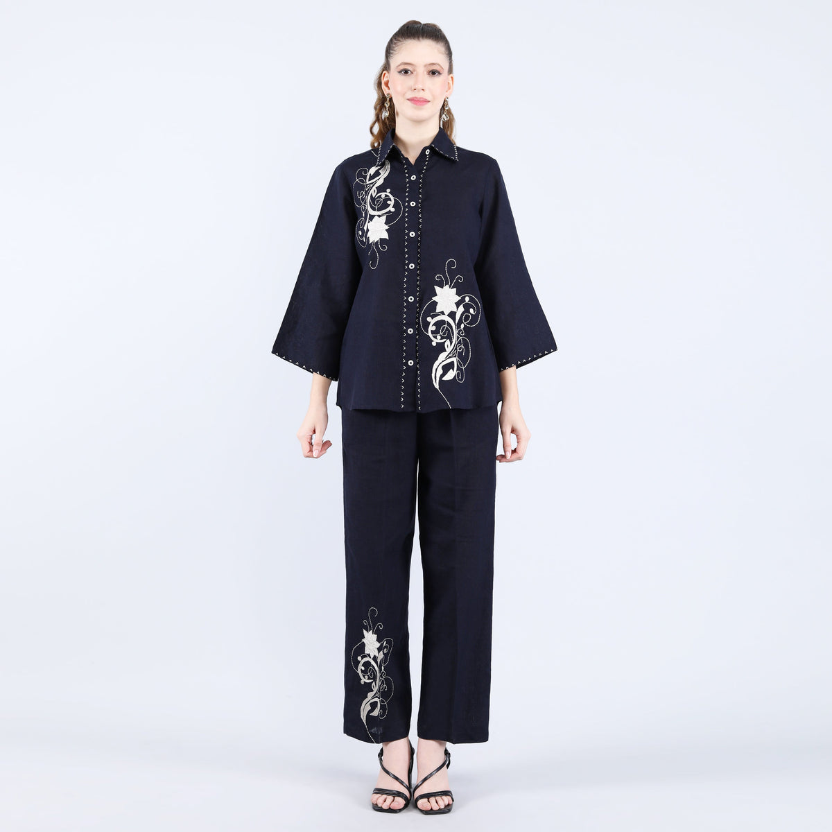 NAVY FLOWER EMBROIDERY CO-ORD SET