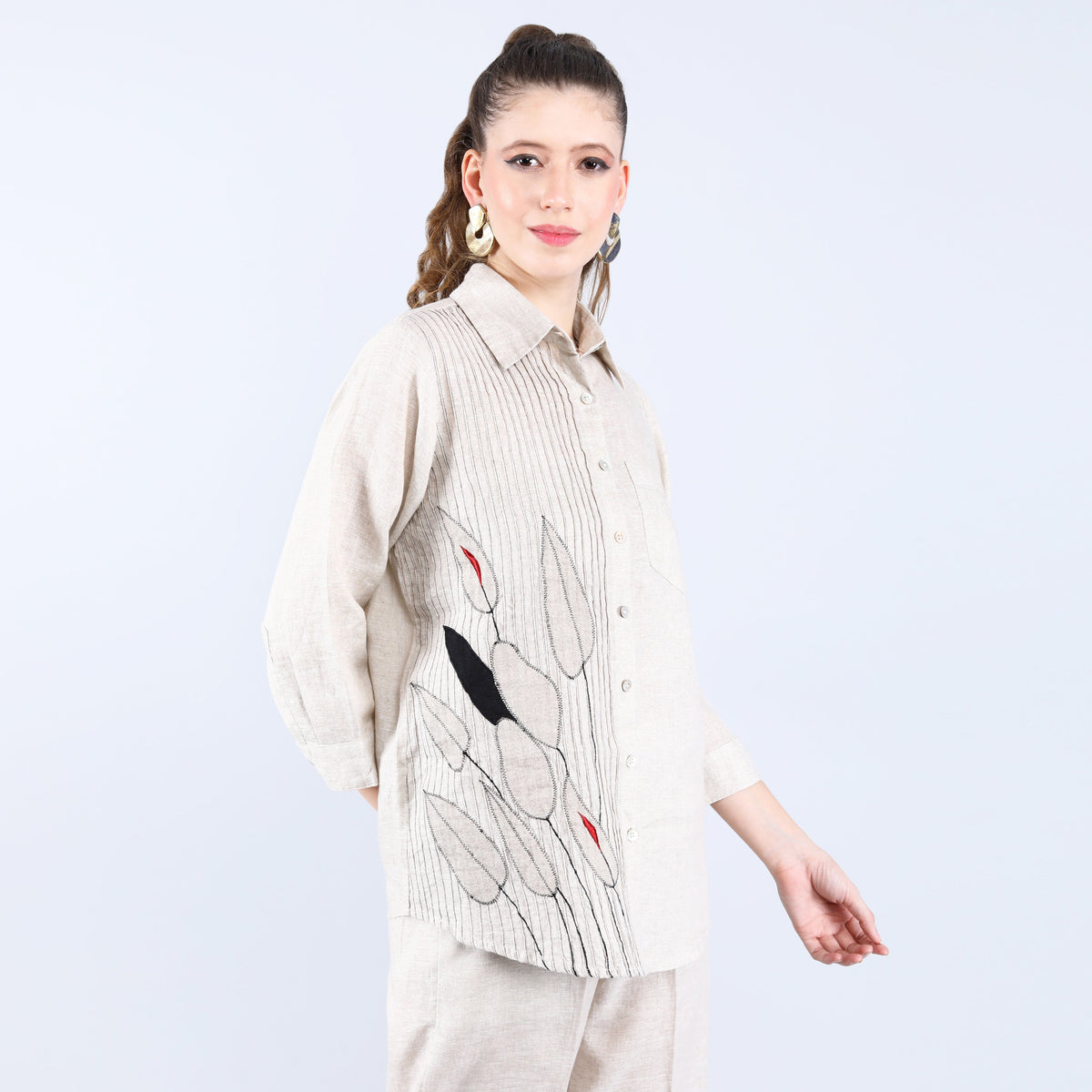 Beige Pleated Shirt with Leaf Embroidery Work