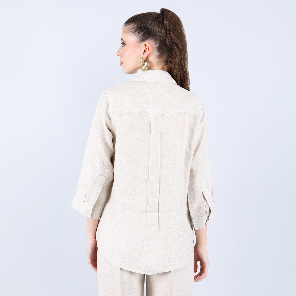 Beige Pleated Shirt with Leaf Embroidery Work