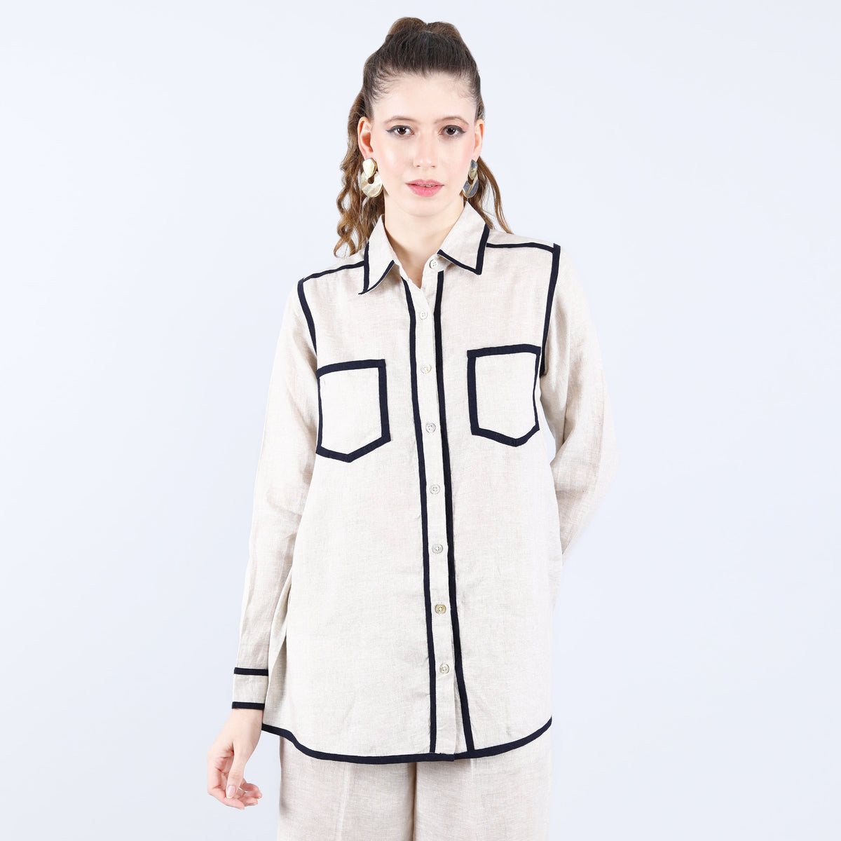 Beige Double Pocket Shirt With Navy Piping