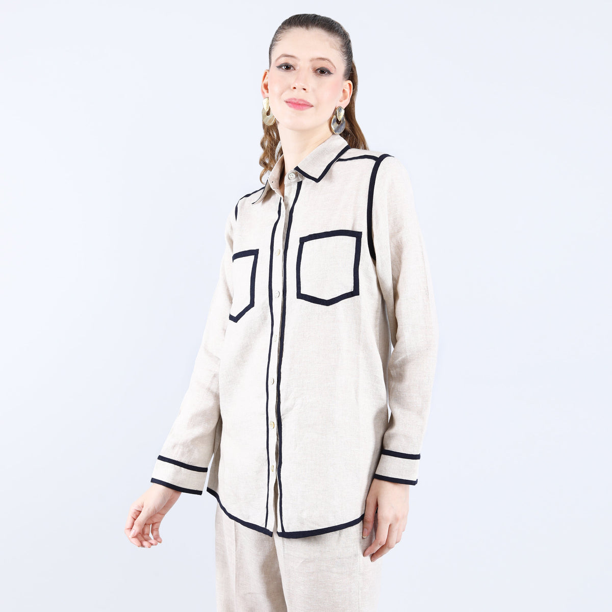 Beige Double Pocket Shirt With Navy Piping