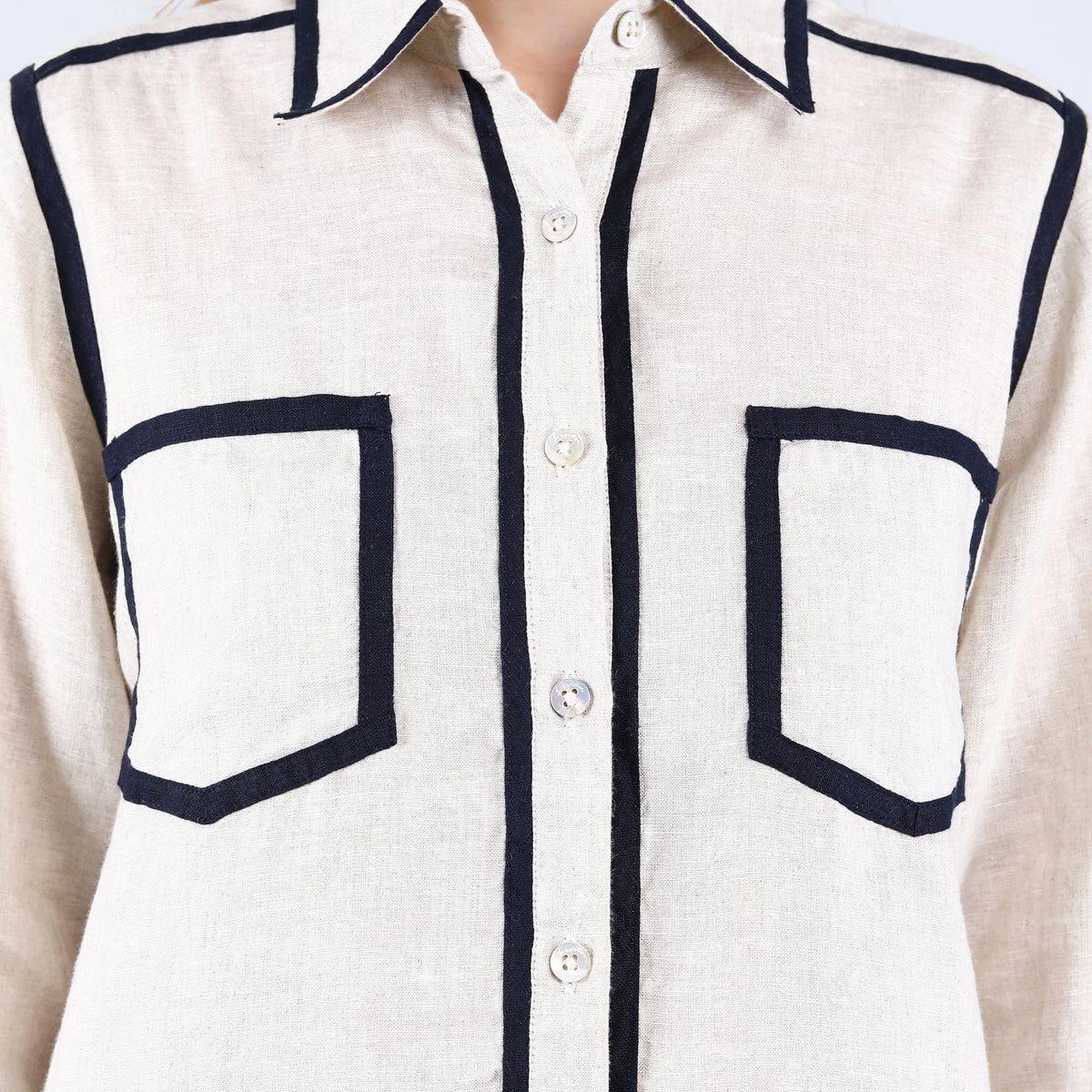 Beige Double Pocket Shirt With Navy Piping