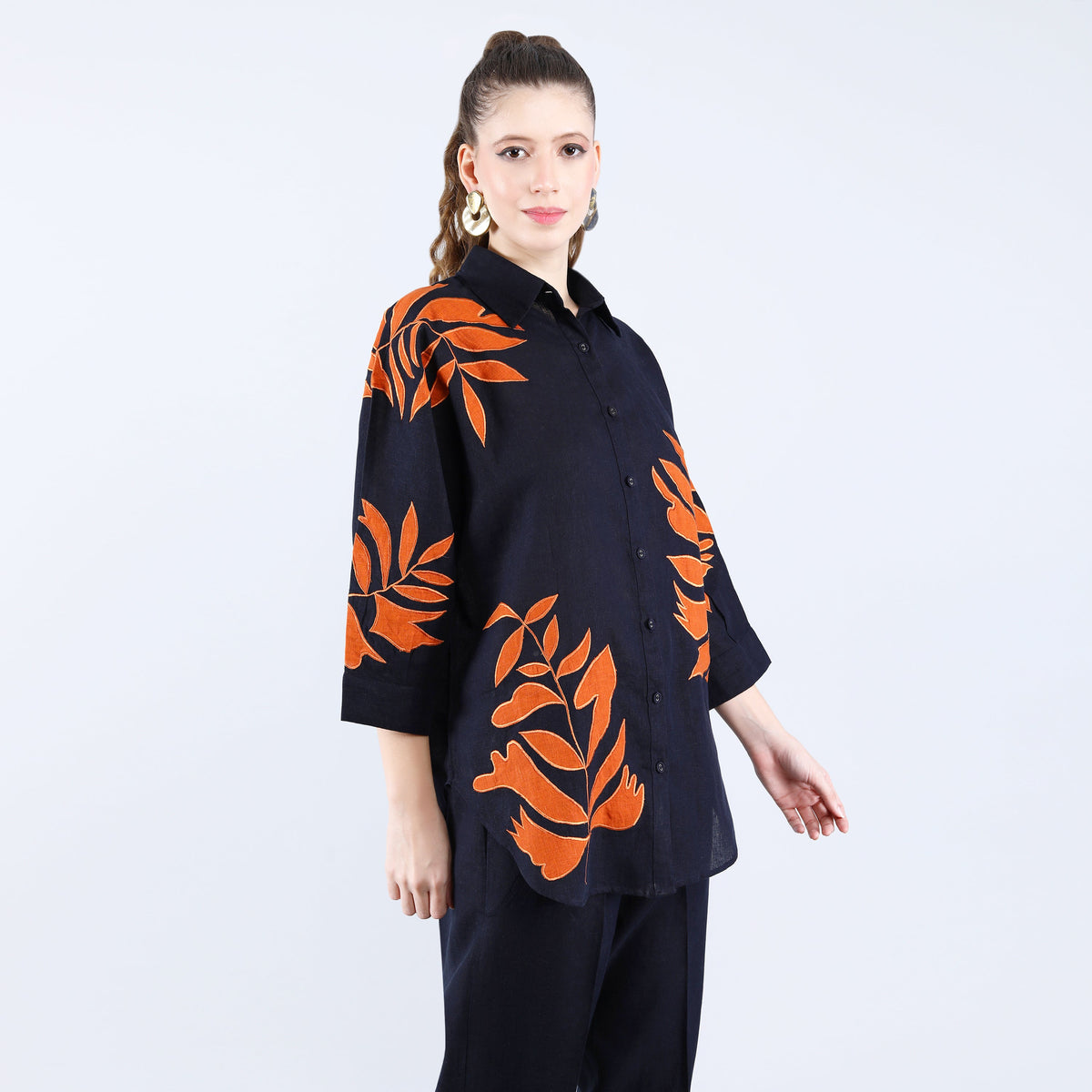 Navy and Orange Applique Embroidered Work Shirt