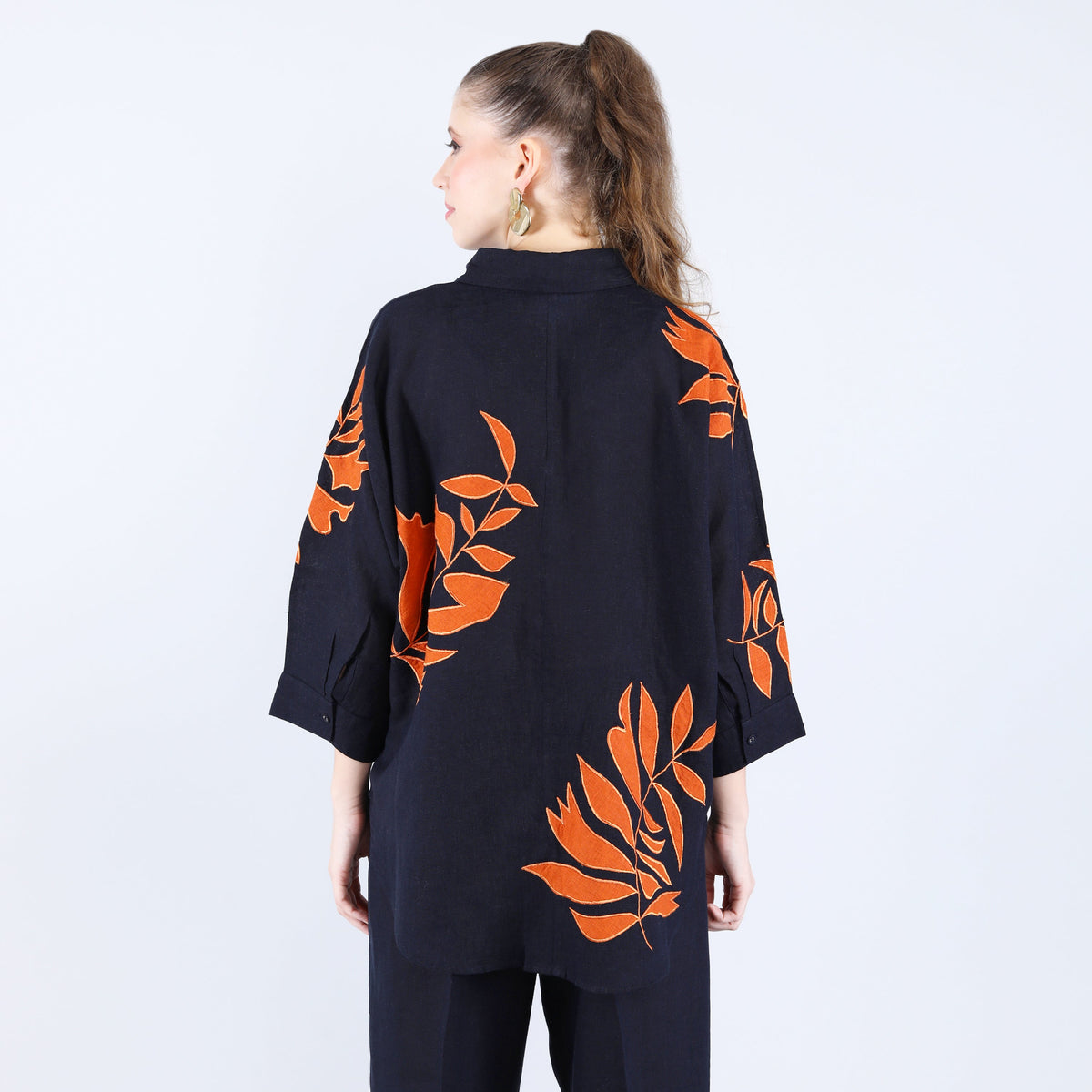 Navy and Orange Applique Embroidered Work Shirt