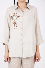 Beige Giraffe Embroidered Lounge Shirt
