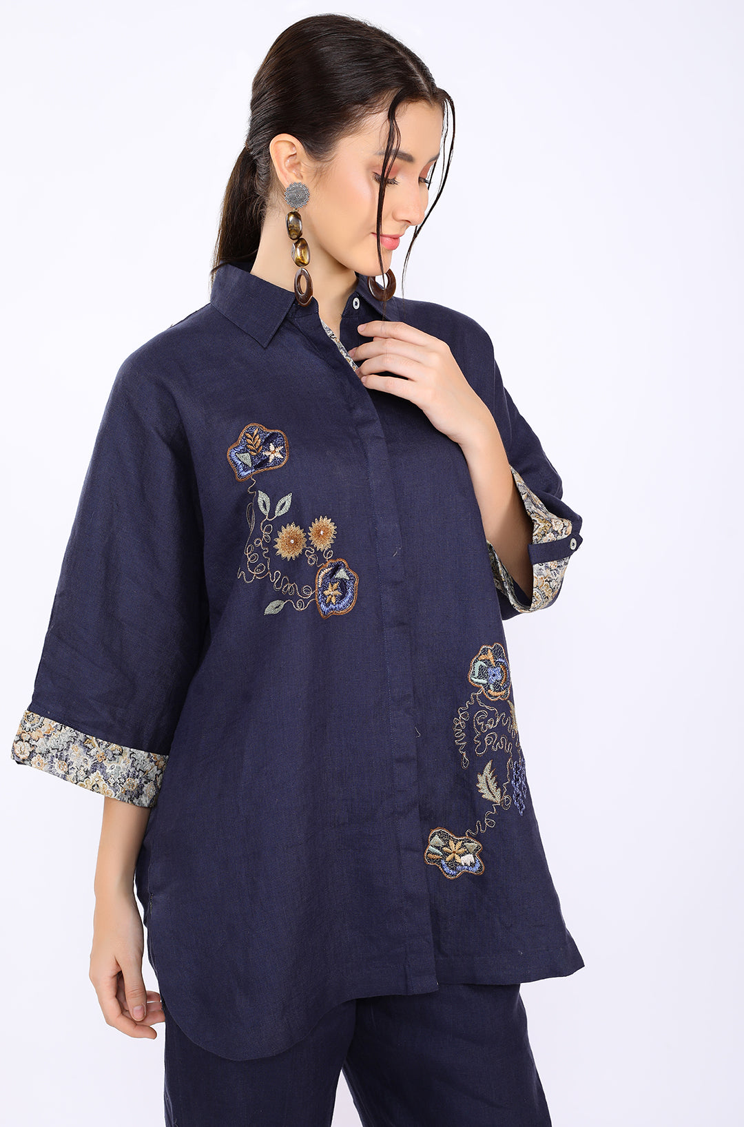 Navy Embroidered Lounge Big Shirt