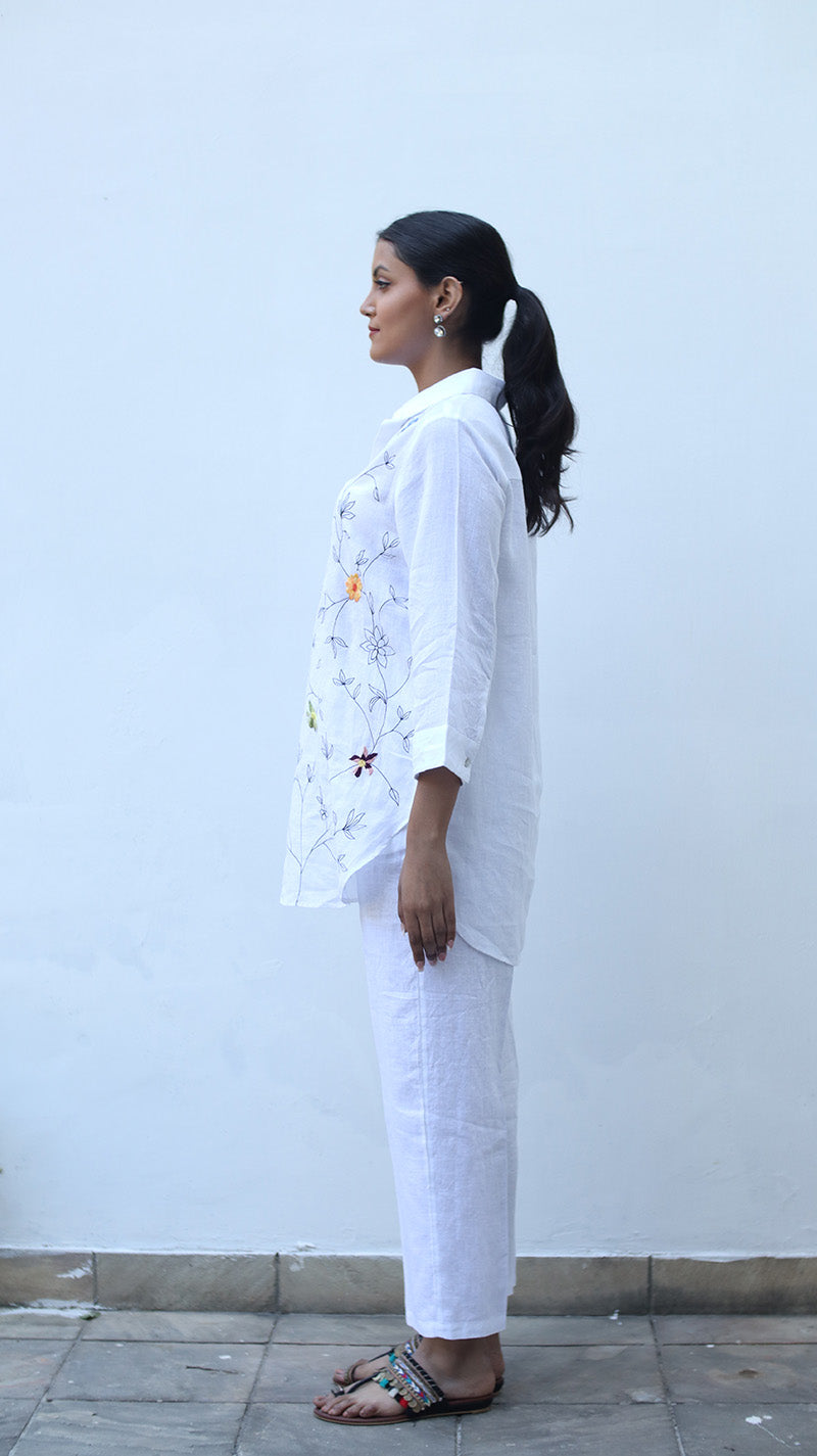 White Embroidered Lounge Shirt- 231001