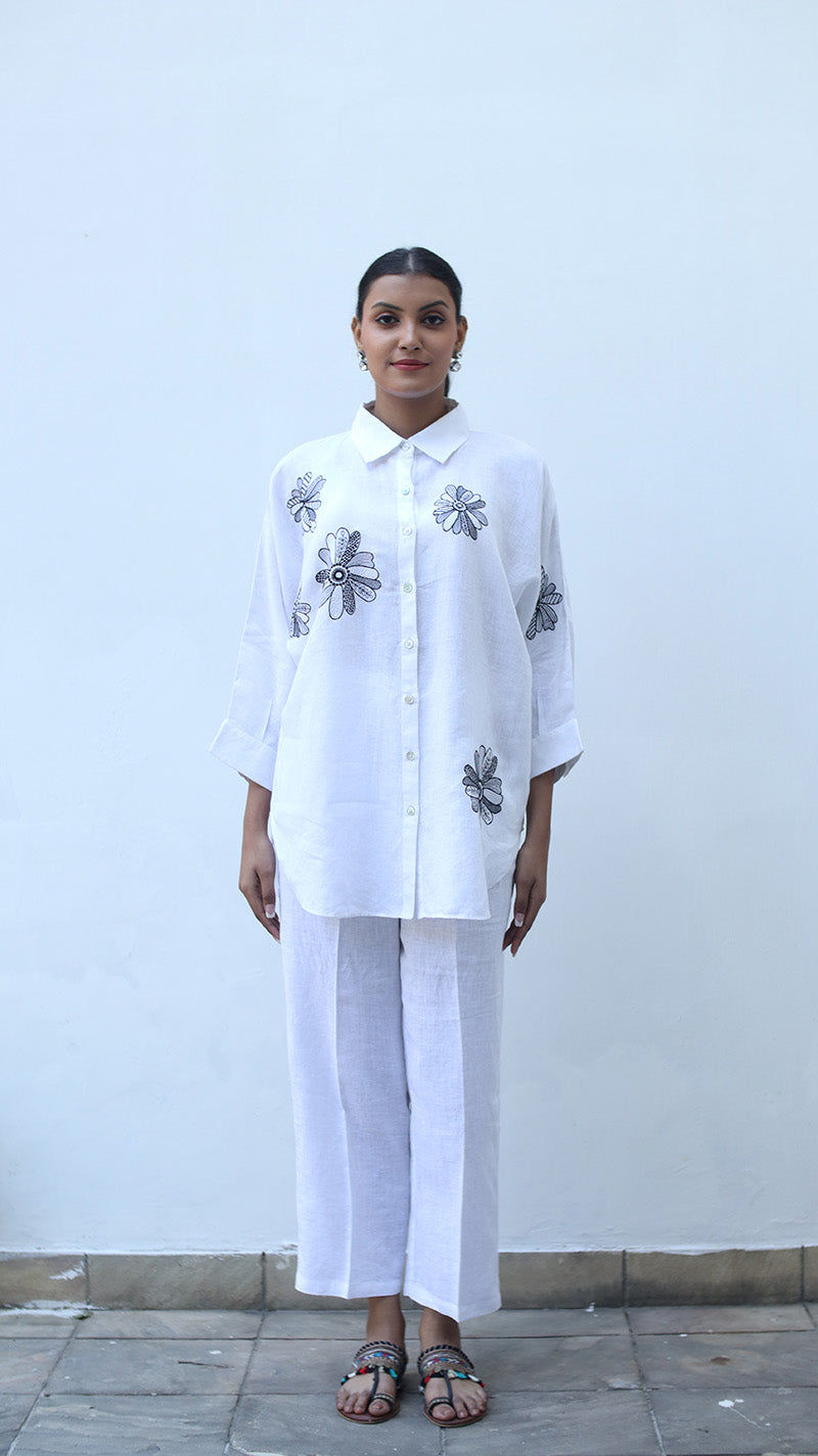 White Embroidered Lounge Shirt- 231002