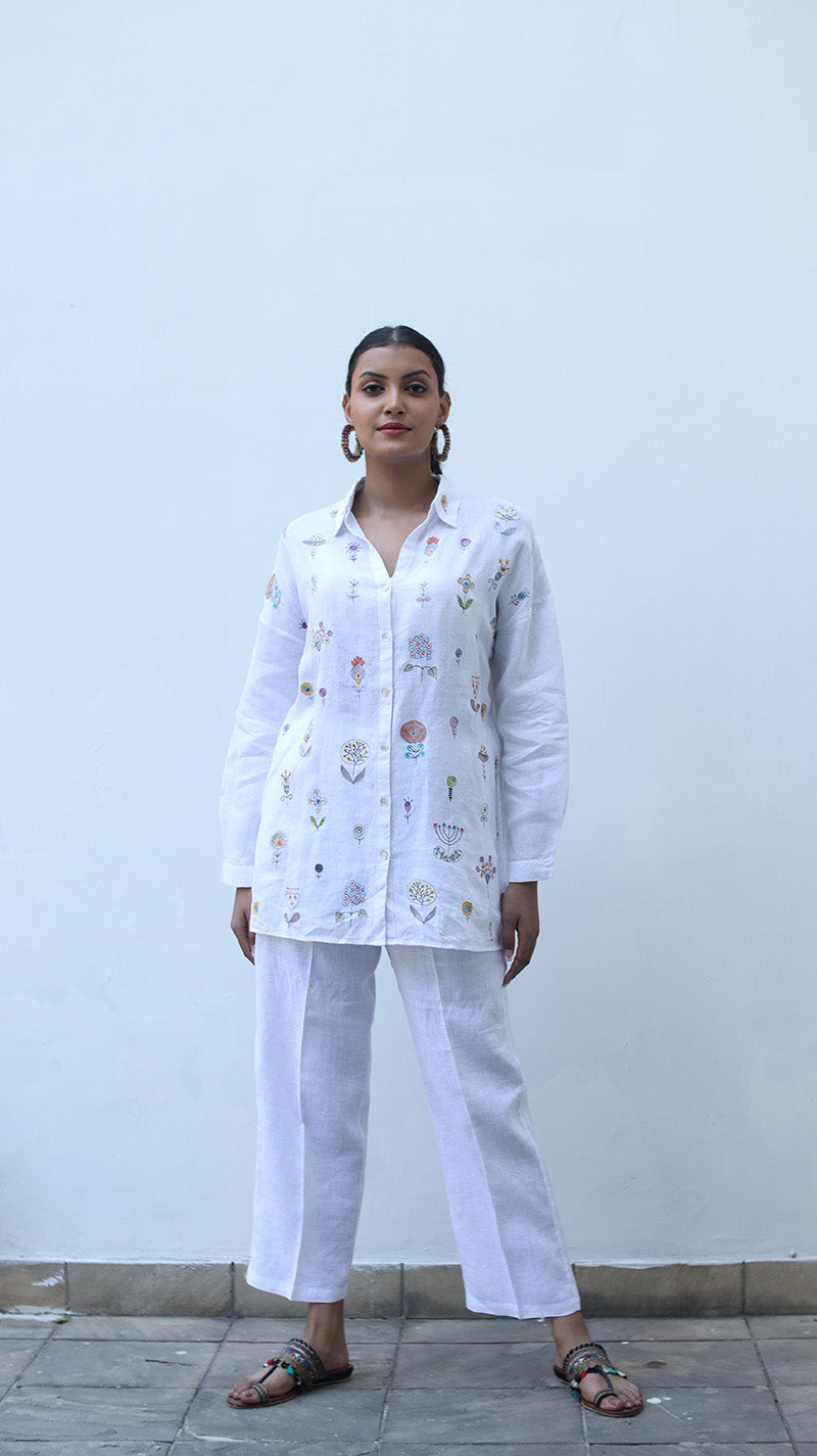 White Embroidered Lounge Shirt- 231003