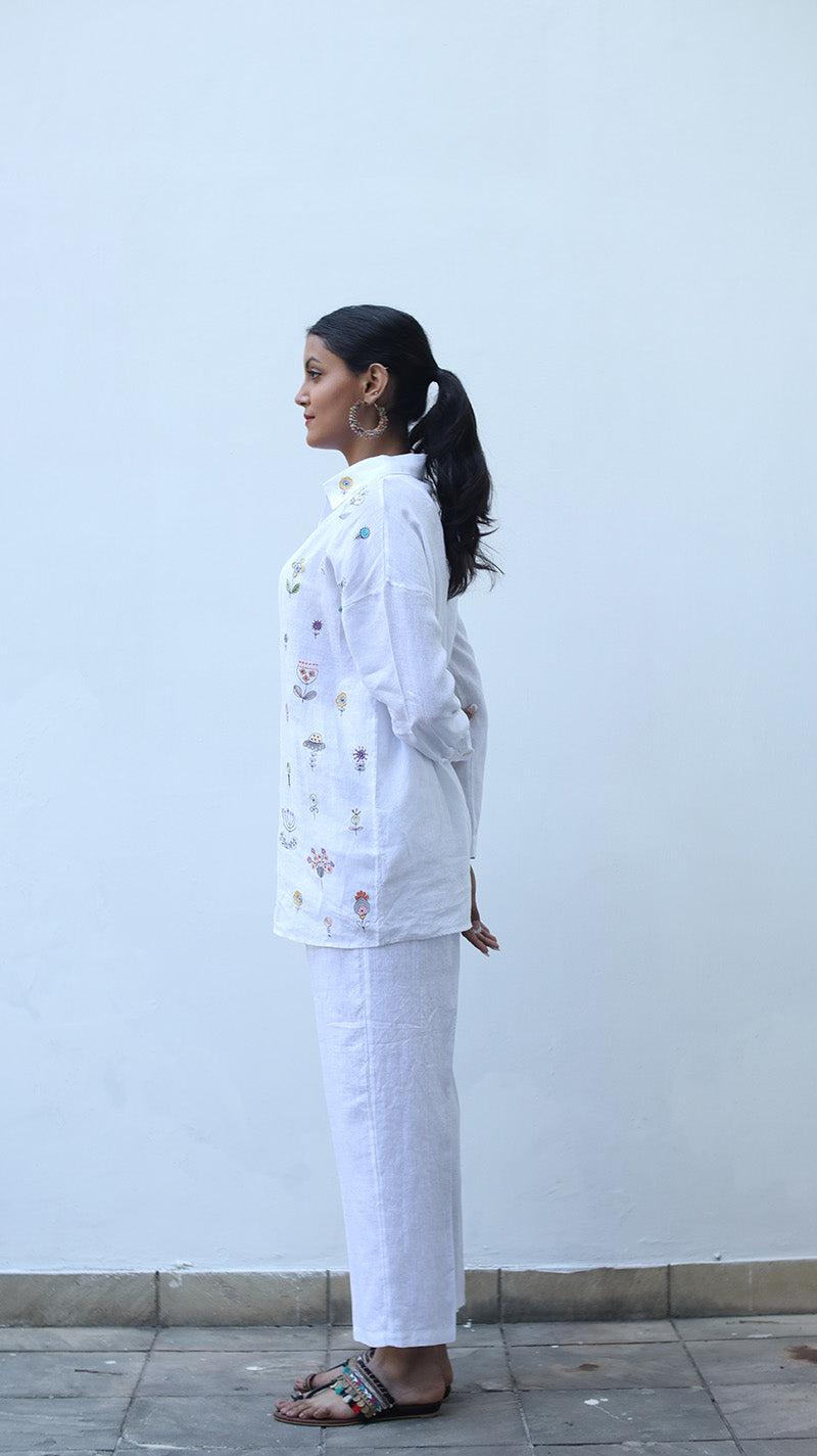 White Embroidered Lounge Shirt- 231003