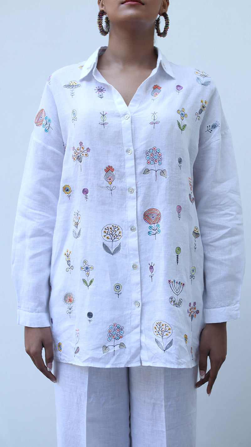 White Embroidered Lounge Shirt- 231003