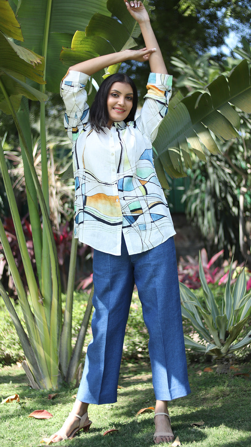 White Digital Print Lounge Shirt - 231010