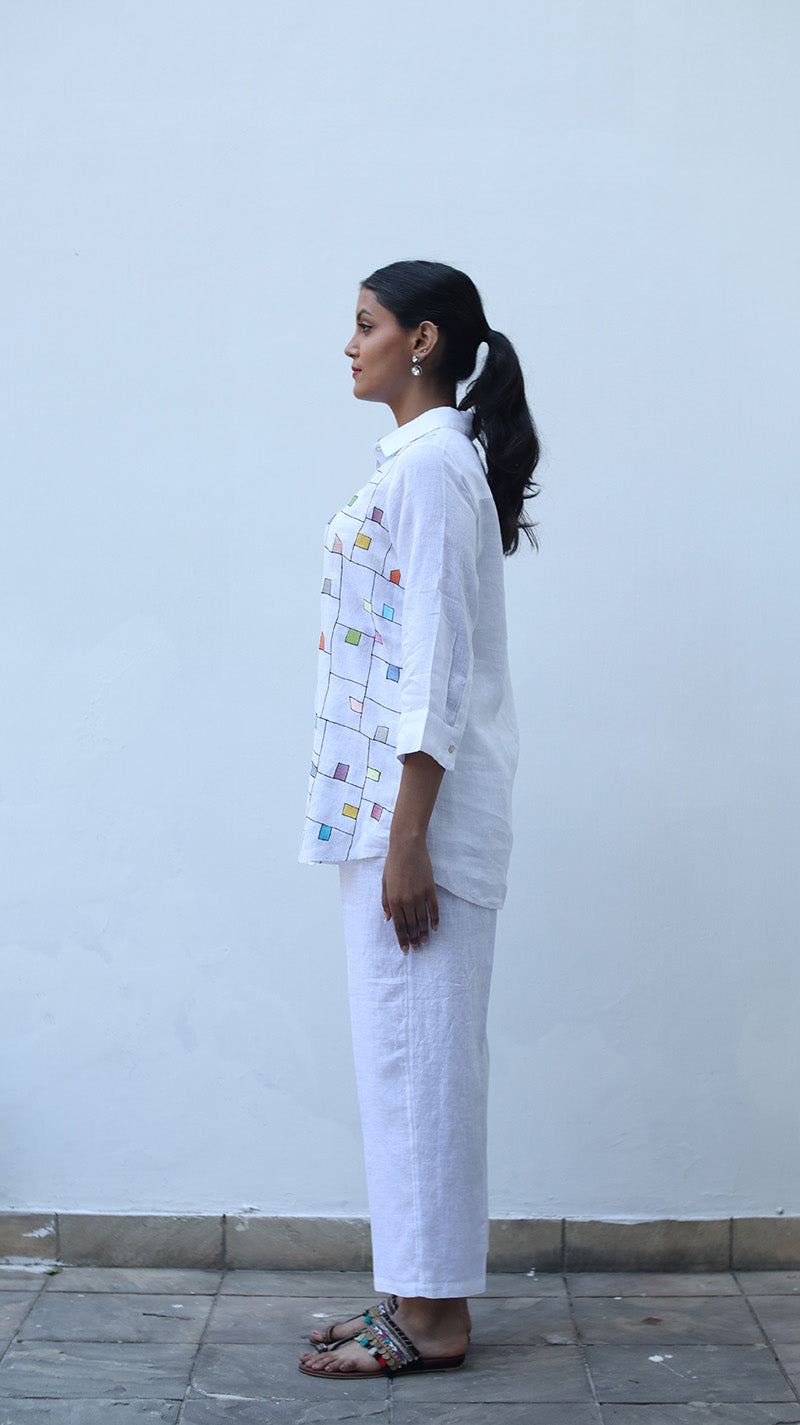 White Embroidered Lounge Shirt - 231026