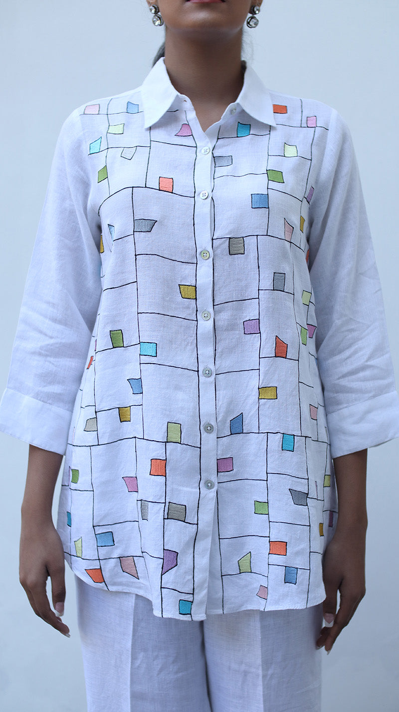 White Embroidered Lounge Shirt - 231026