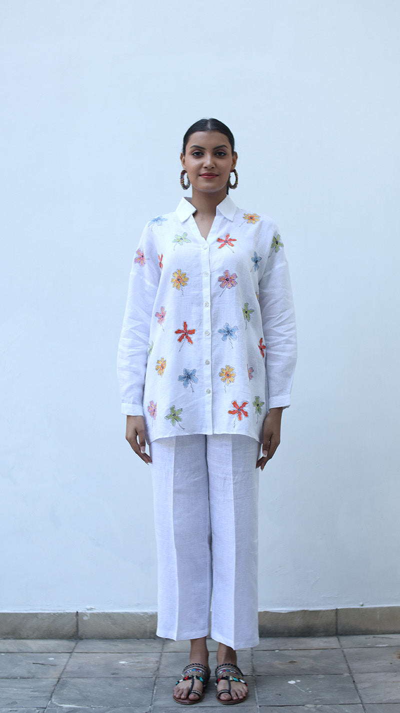 White Embroidered Lounge Shirt -231038