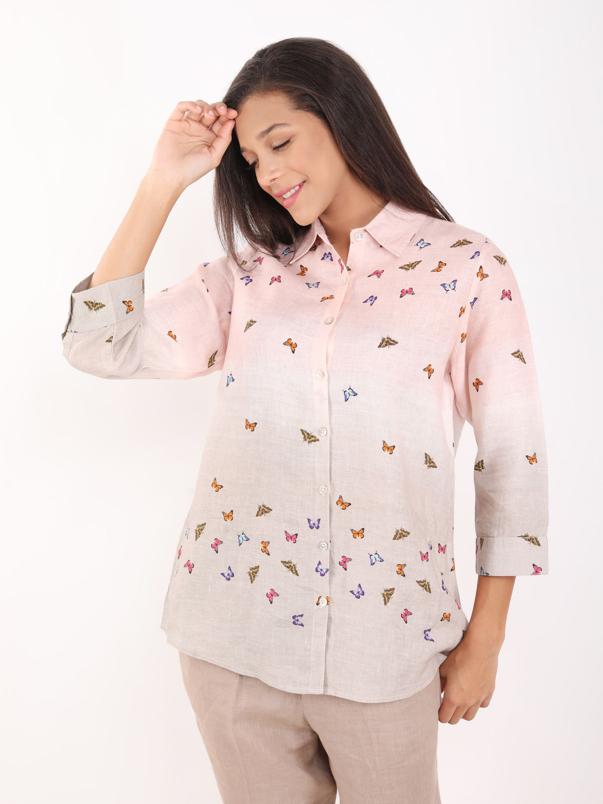 Khakhi Butterfly Embroidered Shirt