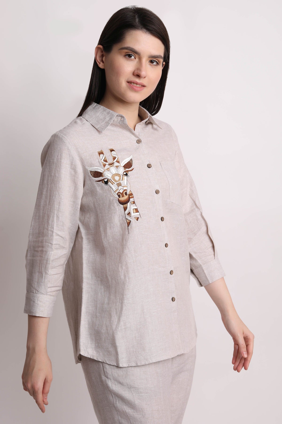 Beige Giraffe Embroidery Shirt