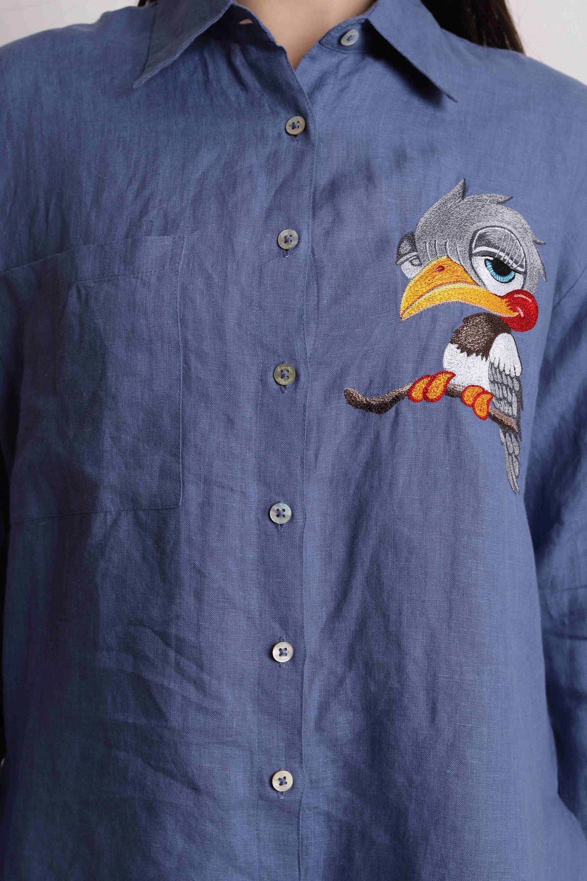 Blue Tutu Bird Embroidered Shirt