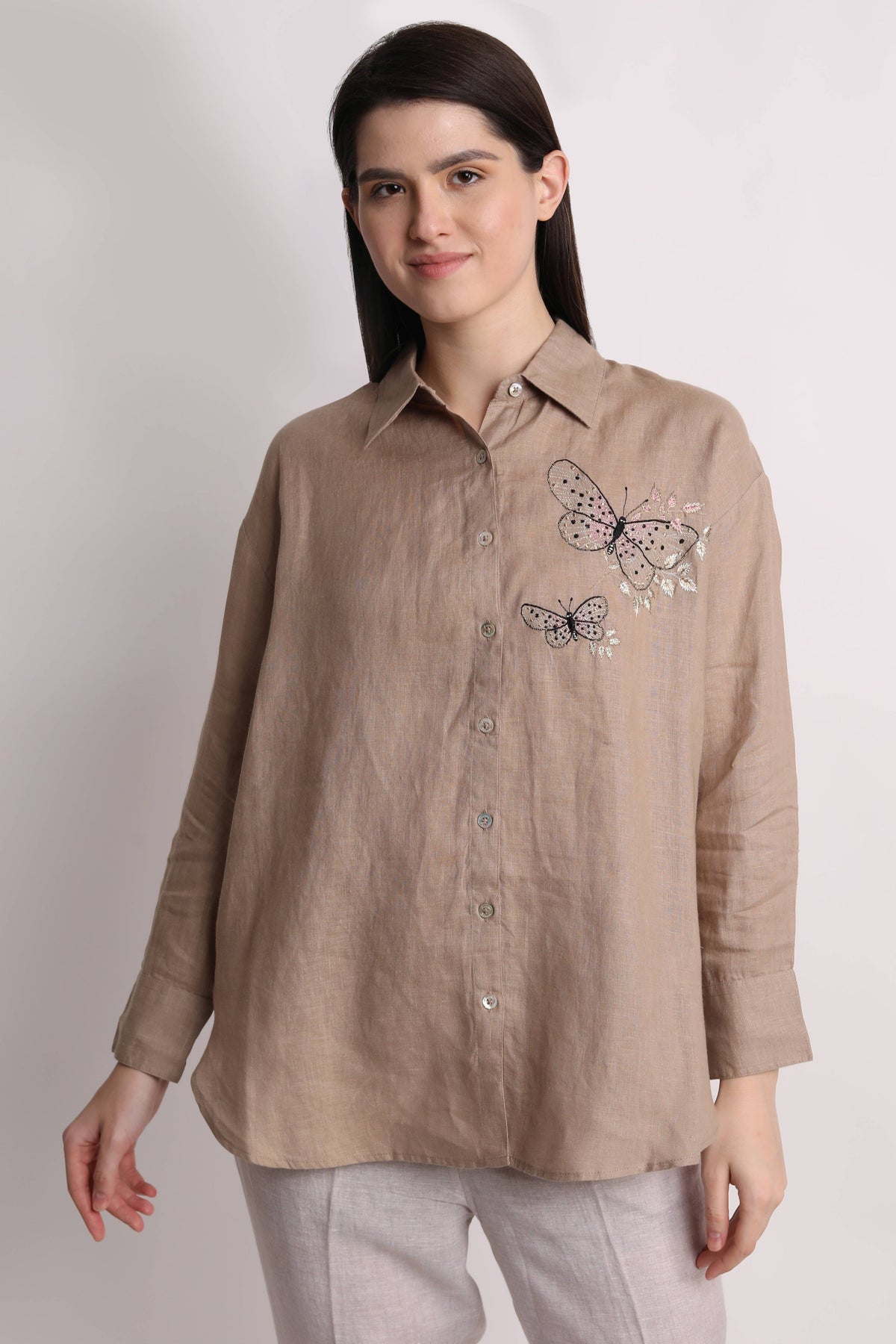 Khakhi Butterfly Emboridered Shirt