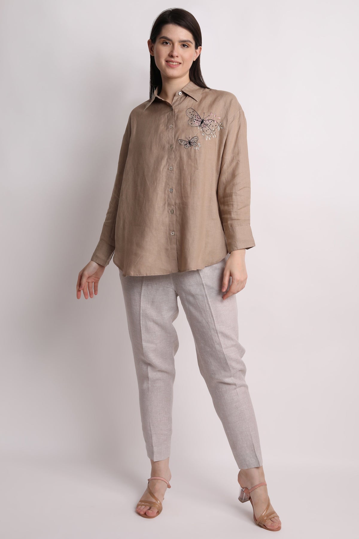 Khakhi Butterfly Emboridered Shirt