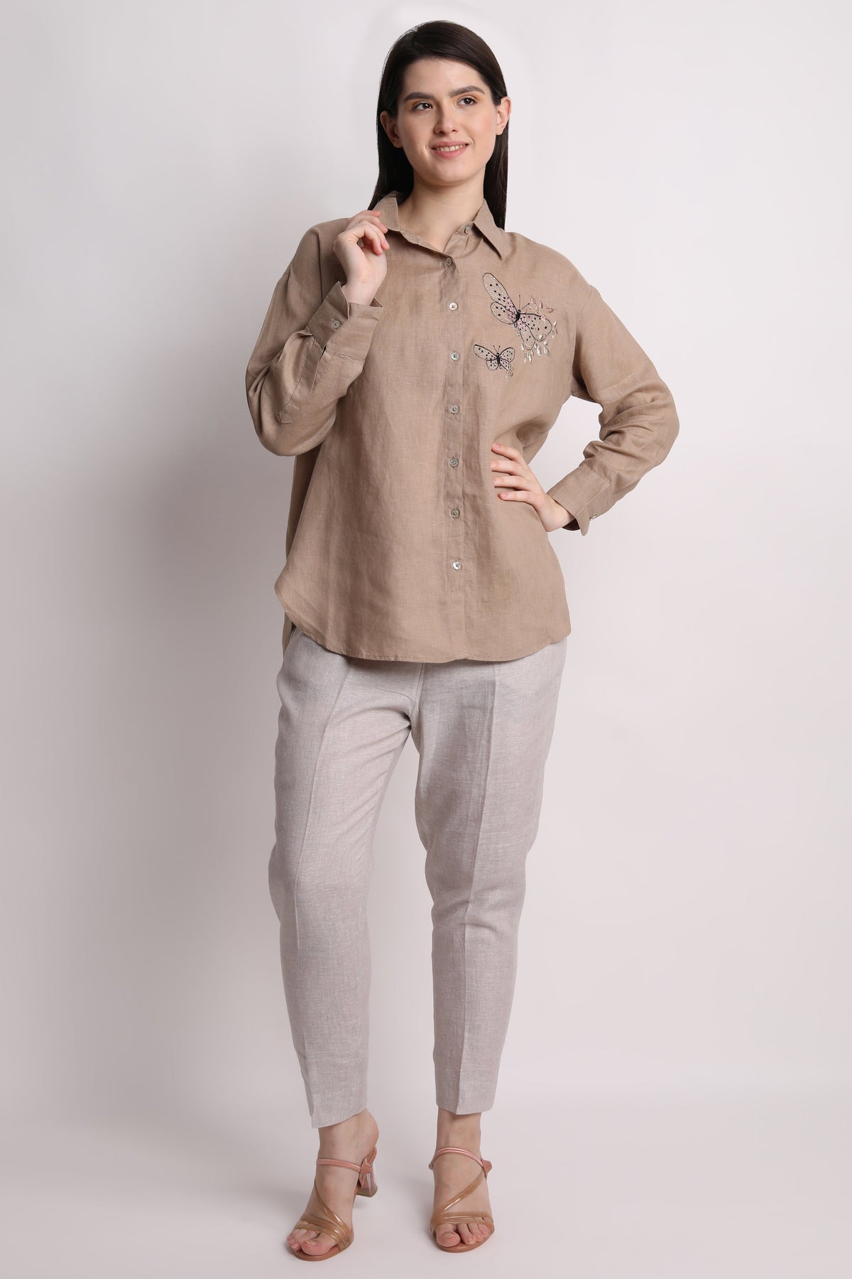 Khakhi Butterfly Emboridered Shirt
