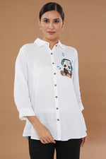 White Pure Linen Embroidered Shirt With Panda Hand Embroidery