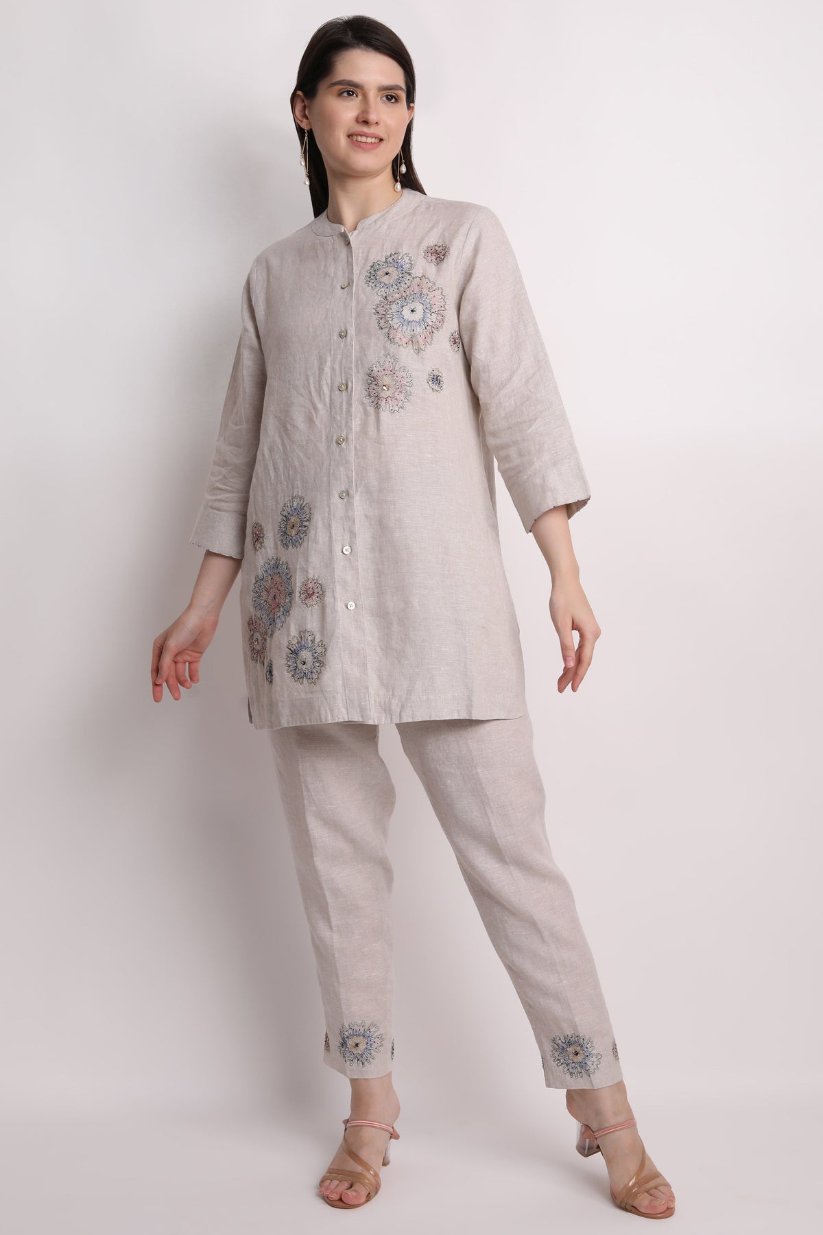 Biege Shirt With Floral Zari Embroidery