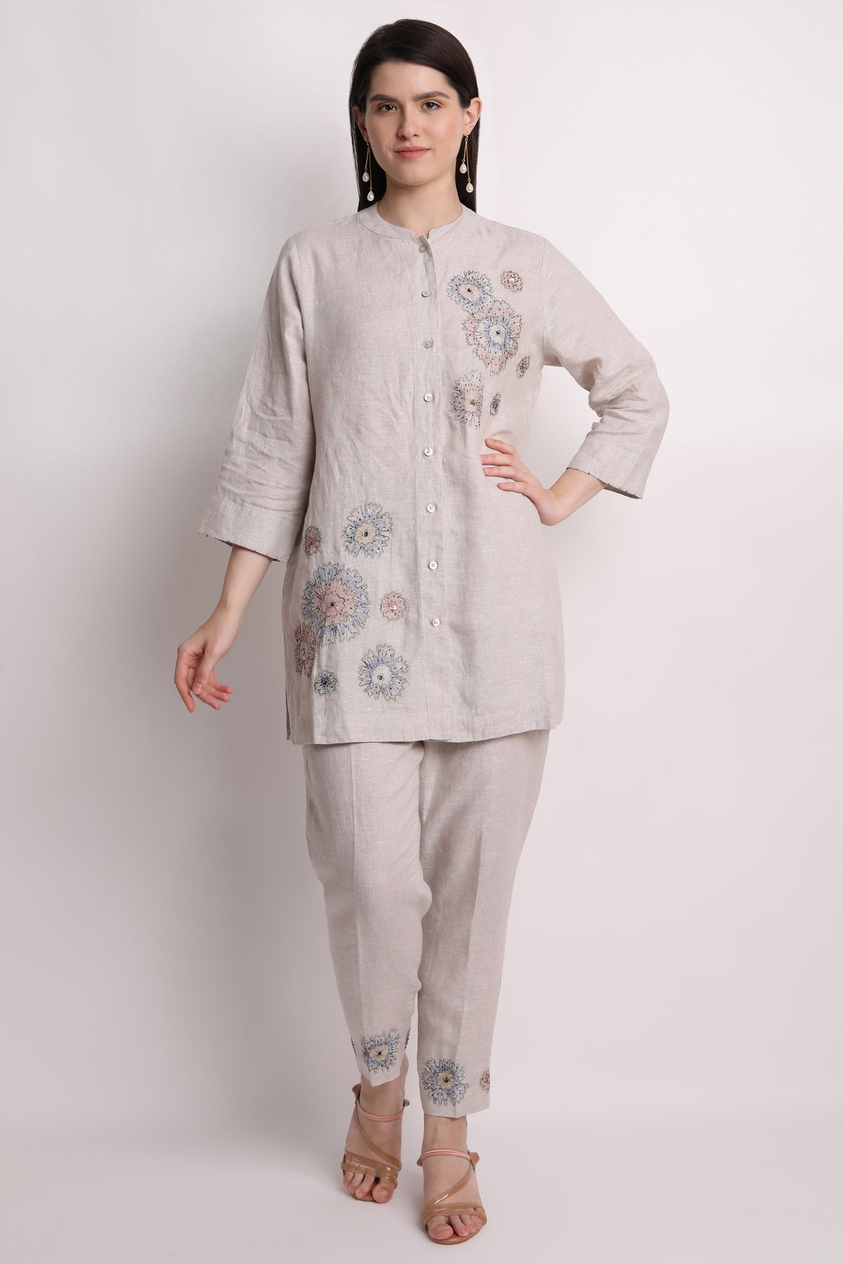 Biege Shirt With Floral Zari Embroidery