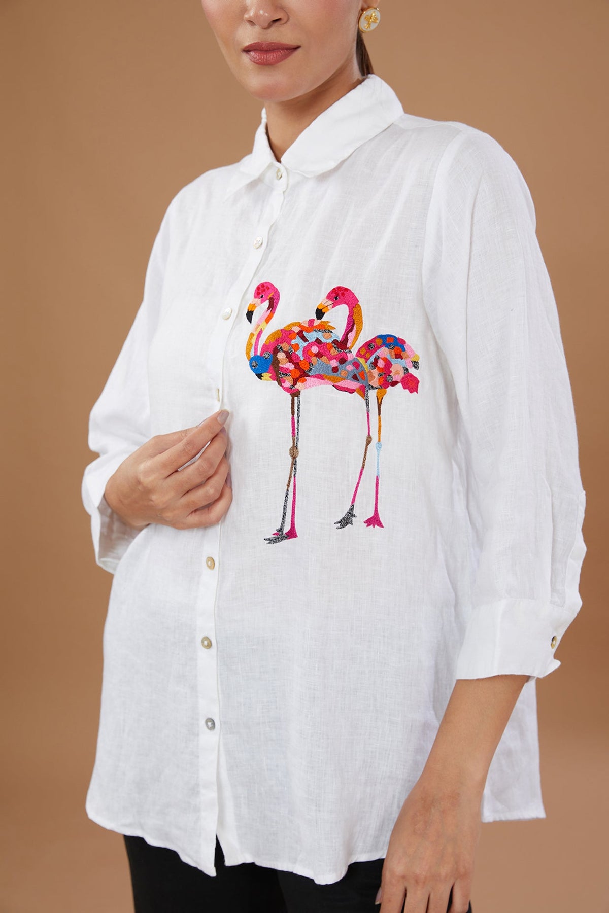 White Pure Linen Embroidered Shirt With Flamingo Hand Embroidery