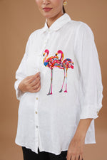 White Pure Linen Embroidered Shirt With Flamingo Hand Embroidery