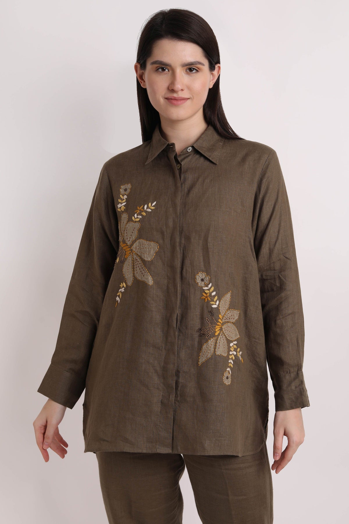 Olive Big Shirt With Floral Handwork