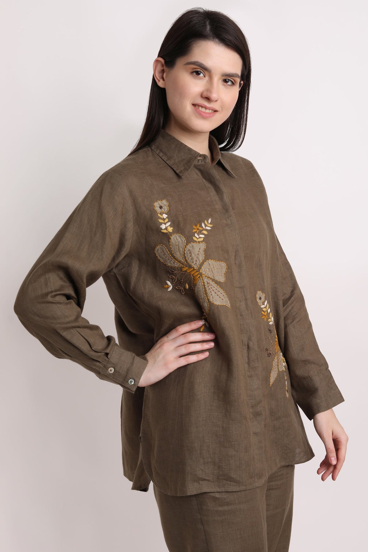 Olive Big Shirt With Floral Handwork