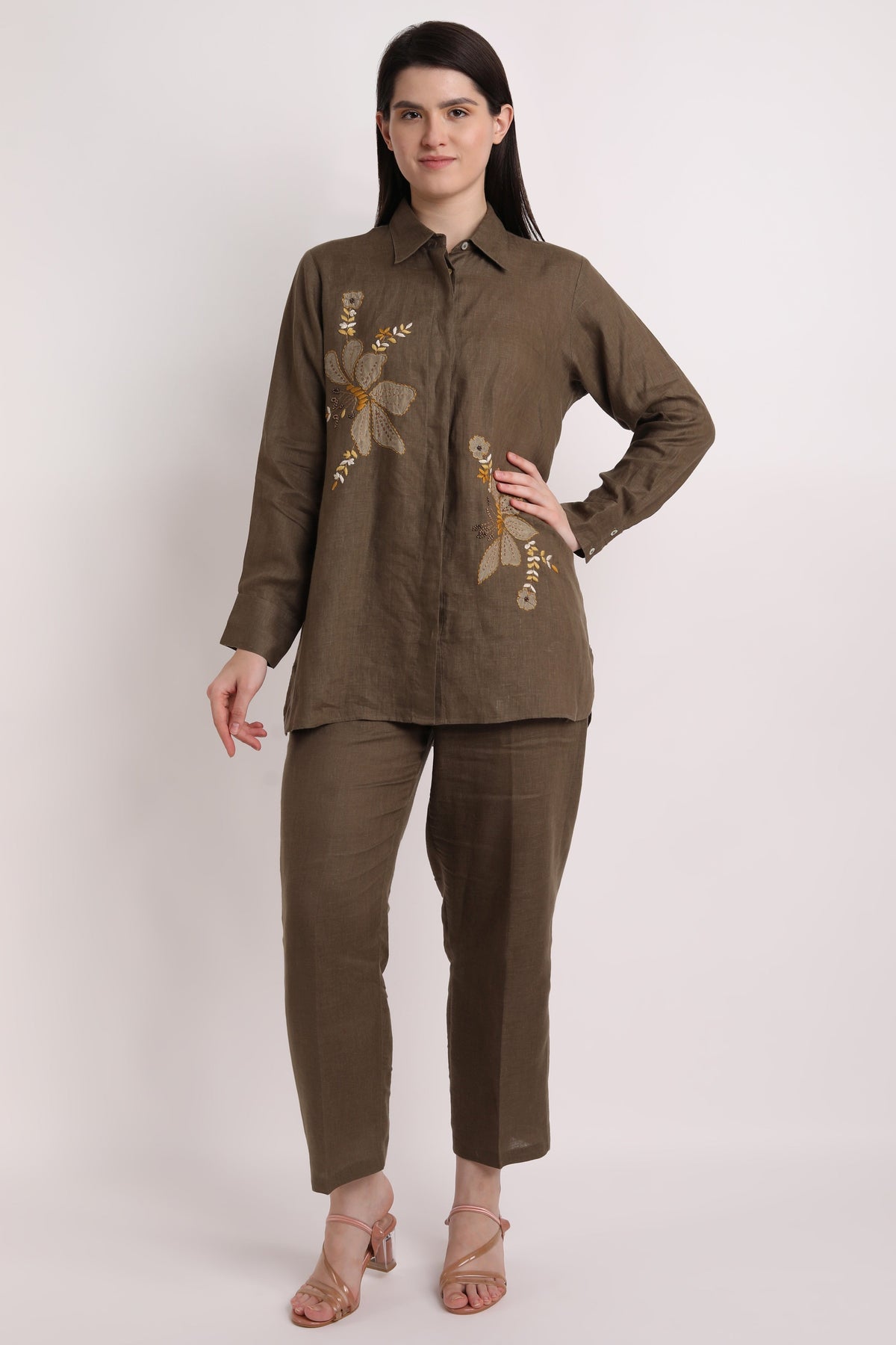 Olive Big Shirt With Floral Handwork