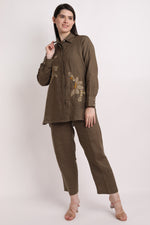Olive Big Shirt With Floral Handwork
