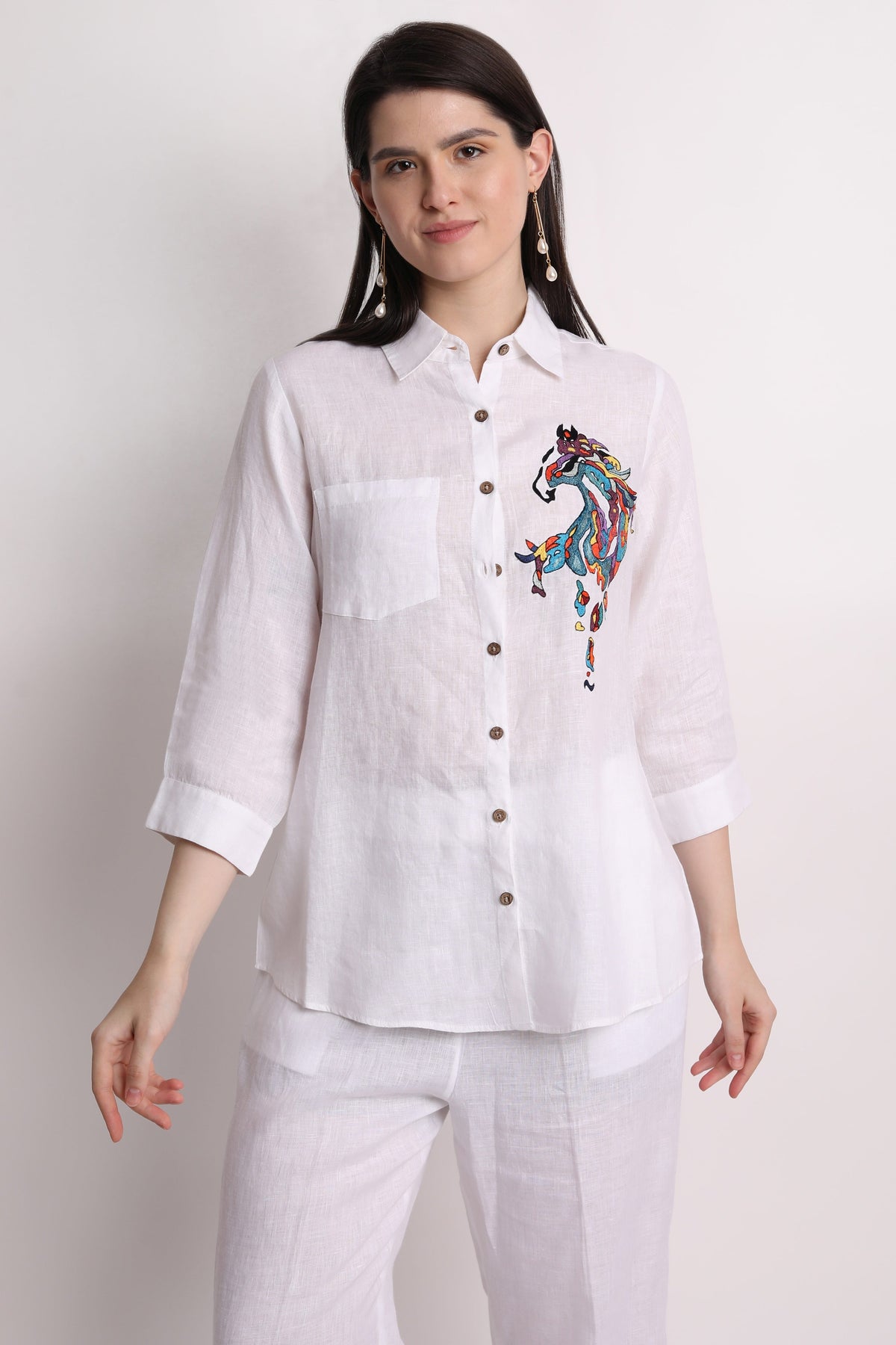 White Abstract Horse Embroidery Shirt