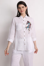 White Abstract Horse Embroidery Shirt