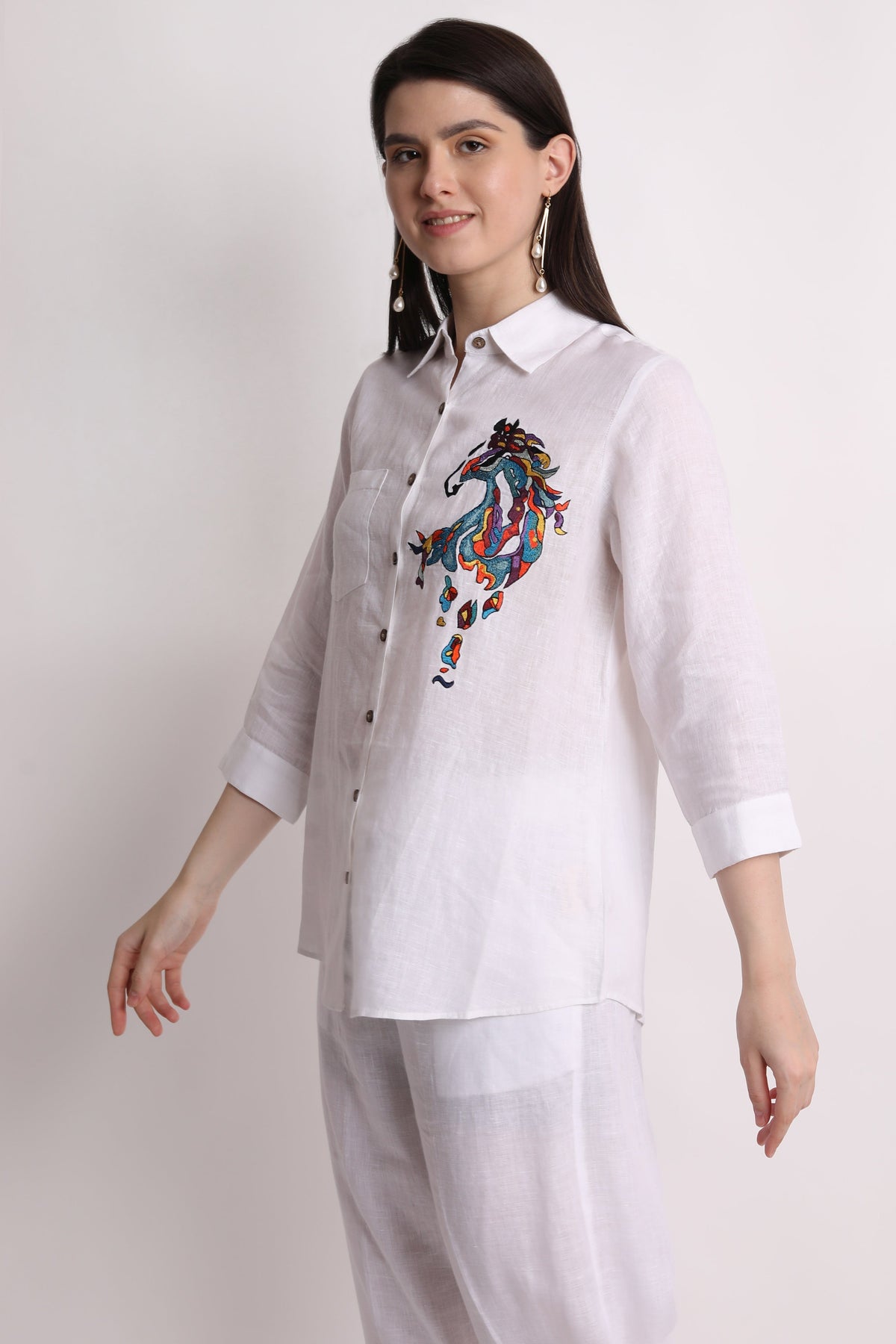 White Abstract Horse Embroidery Shirt