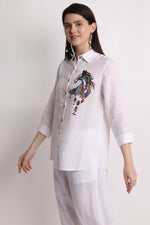 White Abstract Horse Embroidery Shirt