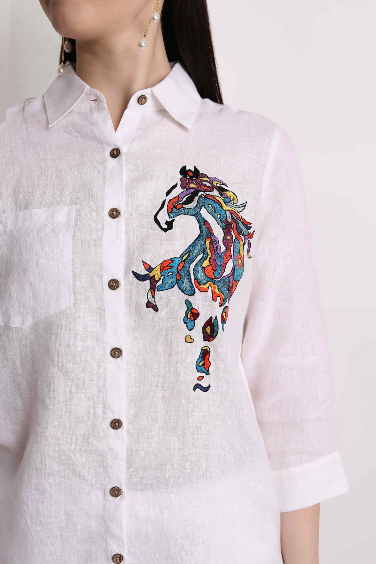 White Abstract Horse Embroidery Shirt