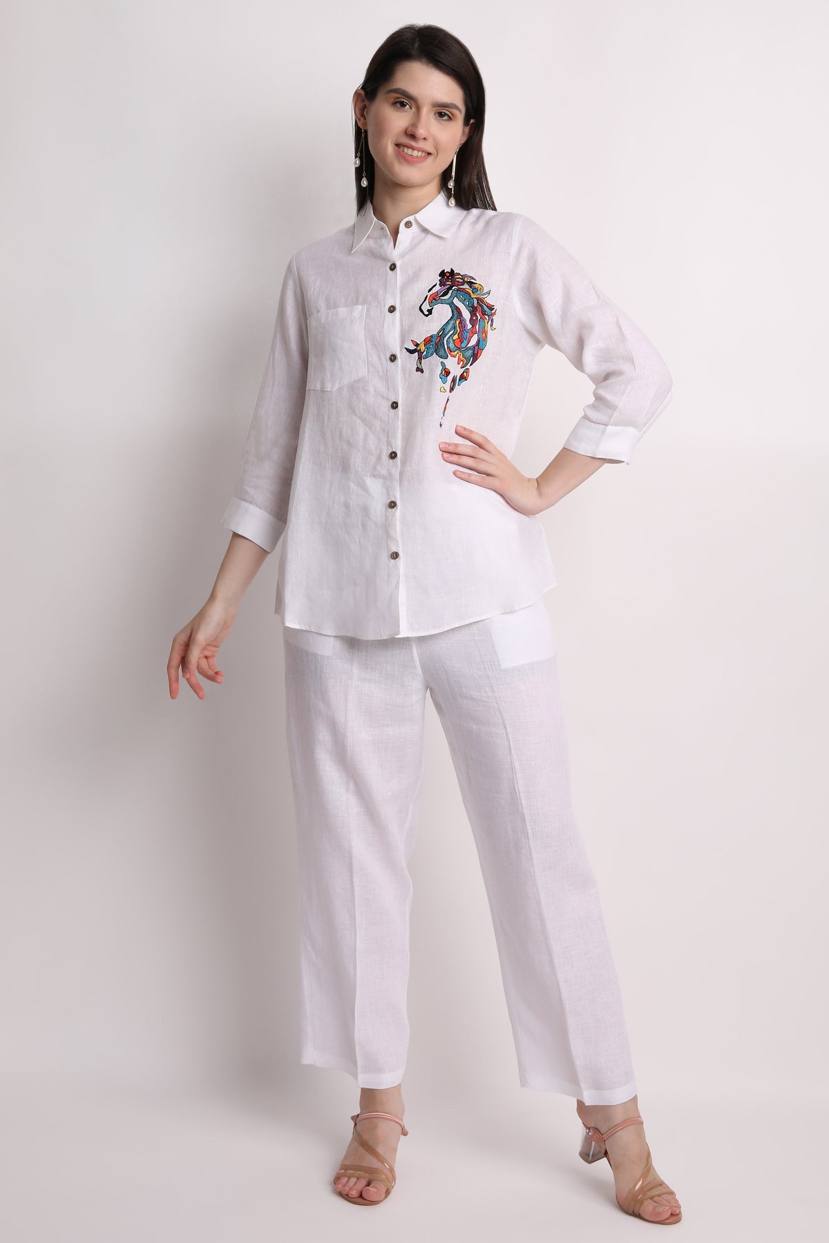 White Abstract Horse Embroidery Shirt