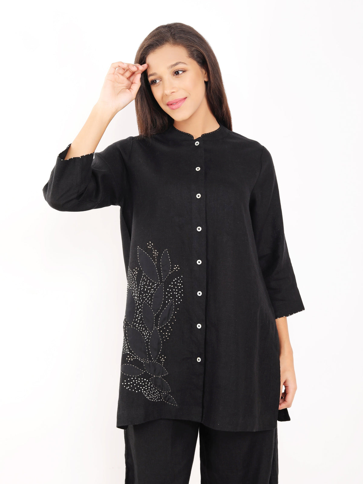 Black Zari Leaf Embroidered Shirt