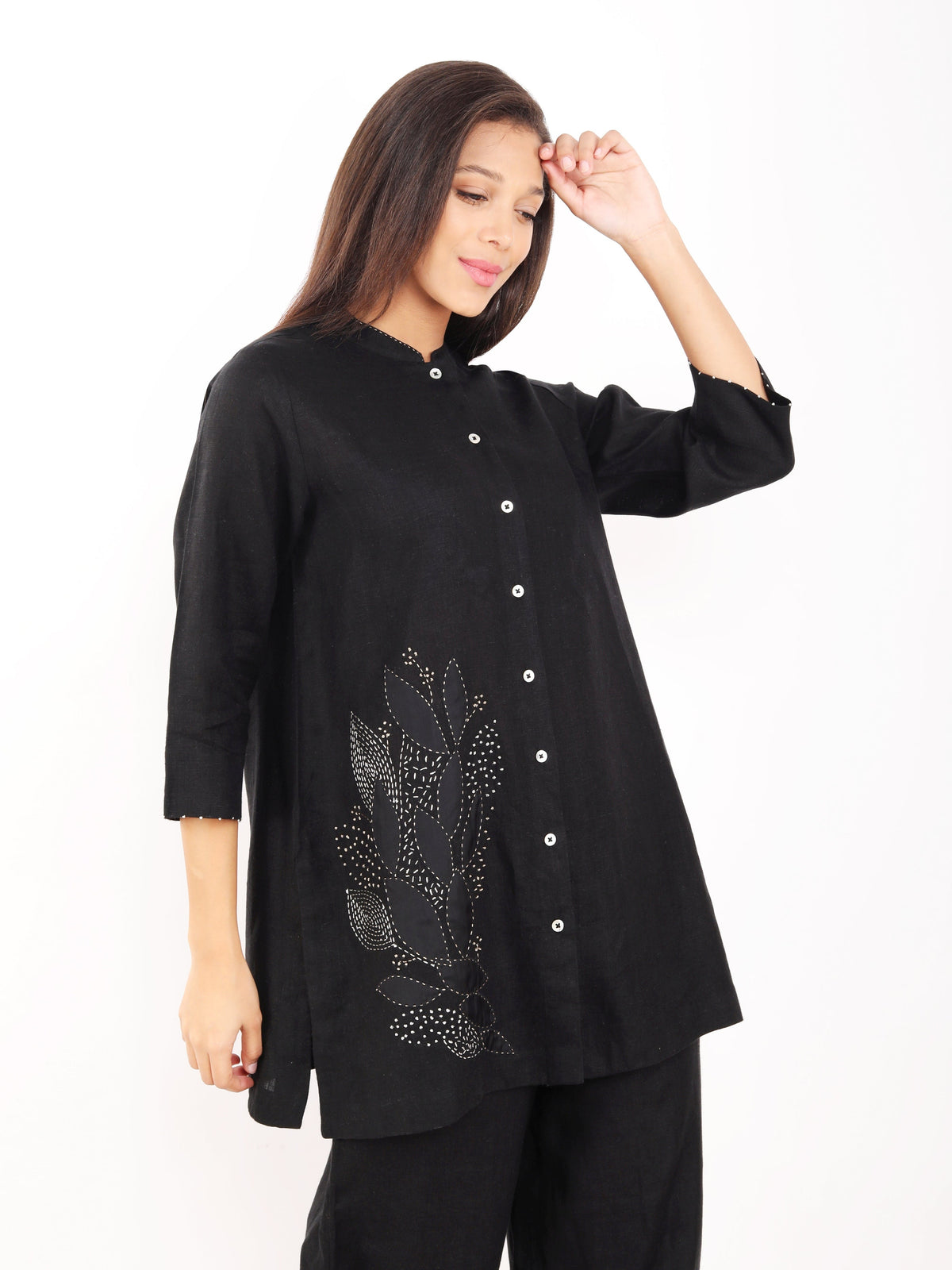 Black Zari Leaf Embroidered Shirt