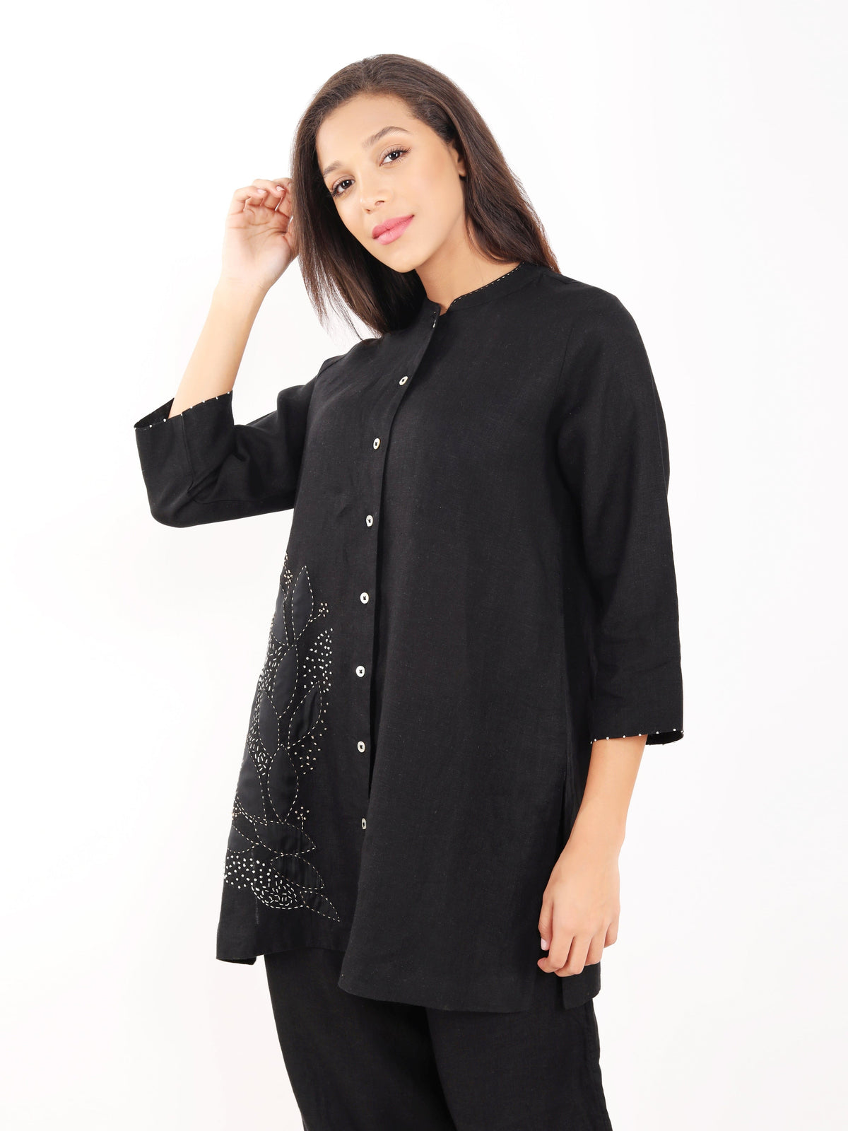 Black Zari Leaf Embroidered Shirt