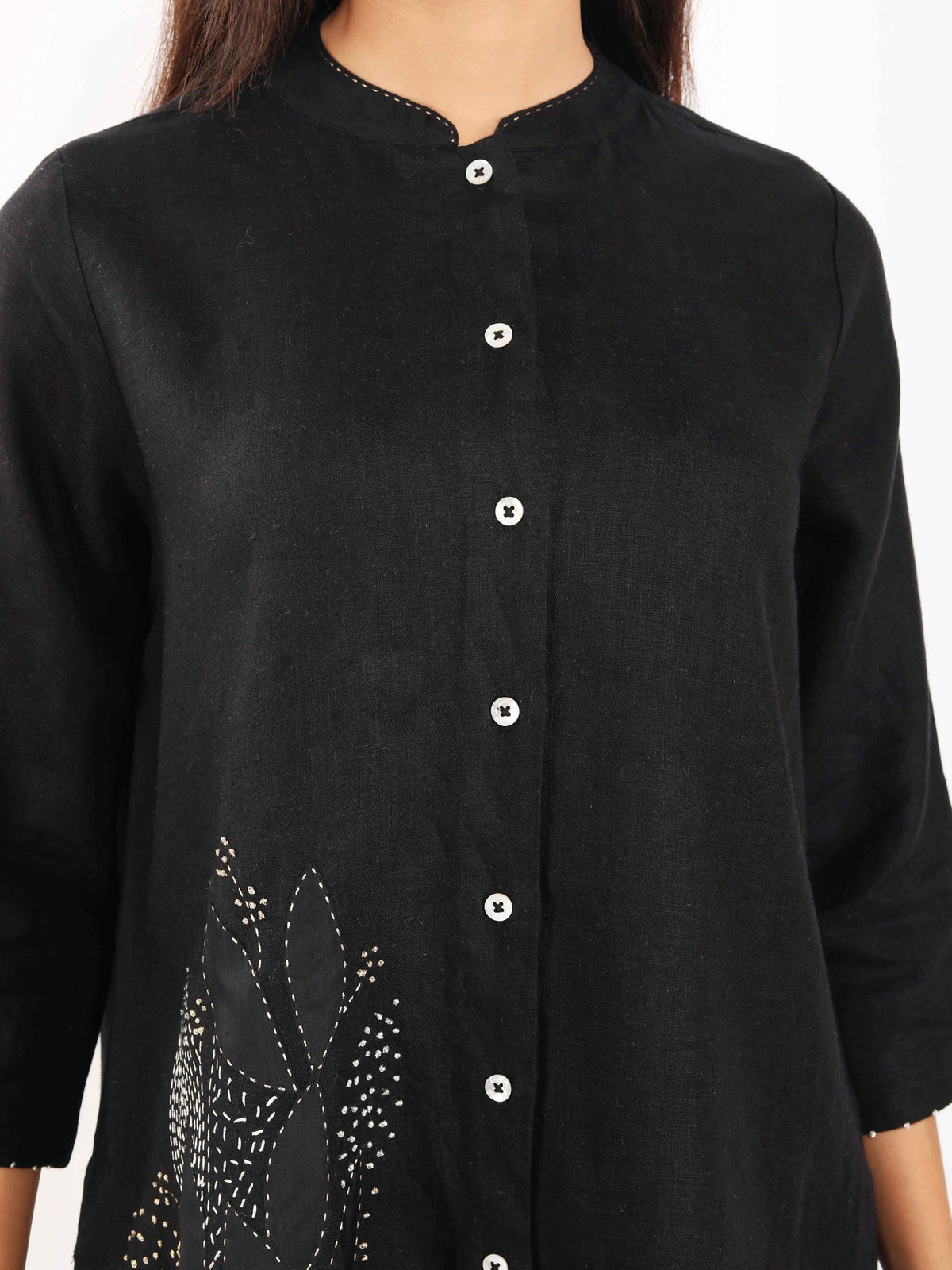 Black Zari Leaf Embroidered Shirt
